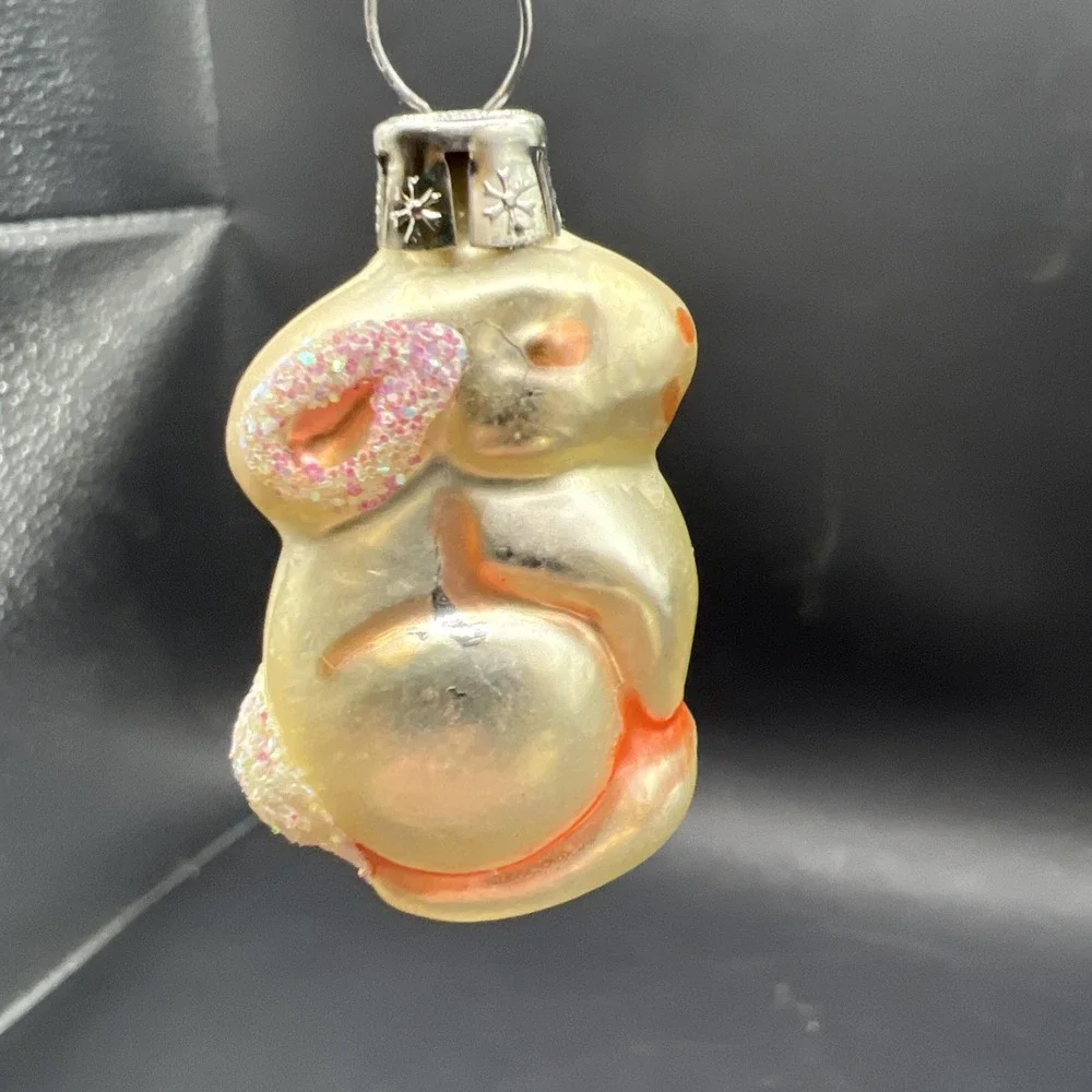 Vintage Czech Republic Glass Mini Bunny Rabbit Christmas Ornament Snowflake Cap